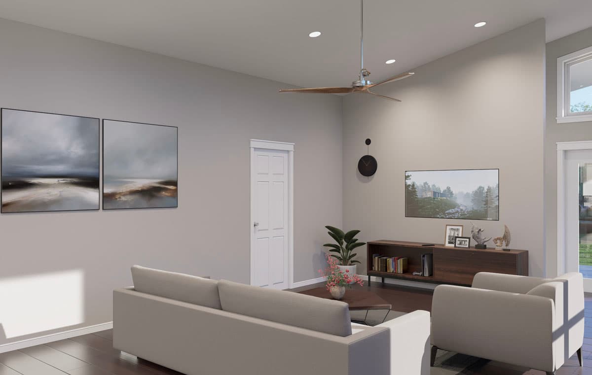 Interior rendering of a living room with sofas, a media console, and a ceiling fan.