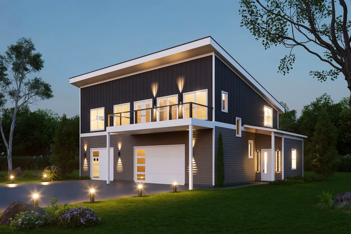 Modern house plan exterior with two stories, asymmetrical roofline, upper balcony, and two-car garage.