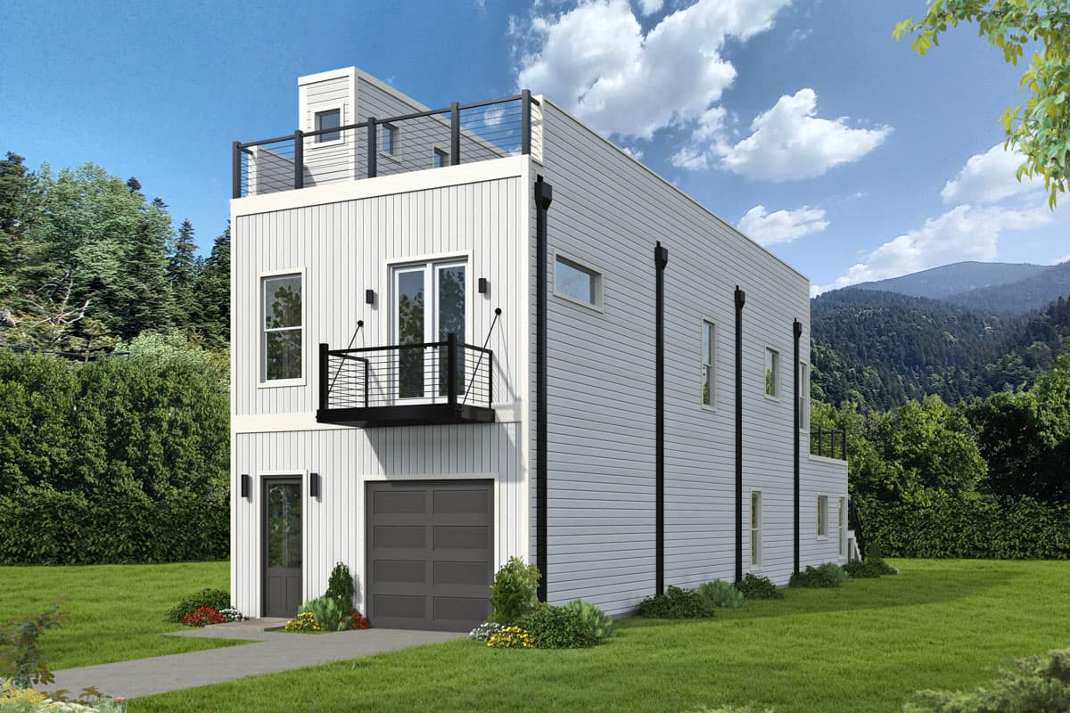 House plan exterior. Modern style, three-story home with balcony, flat roof, and attached garage. Includes rooftop deck and minimalist railings.