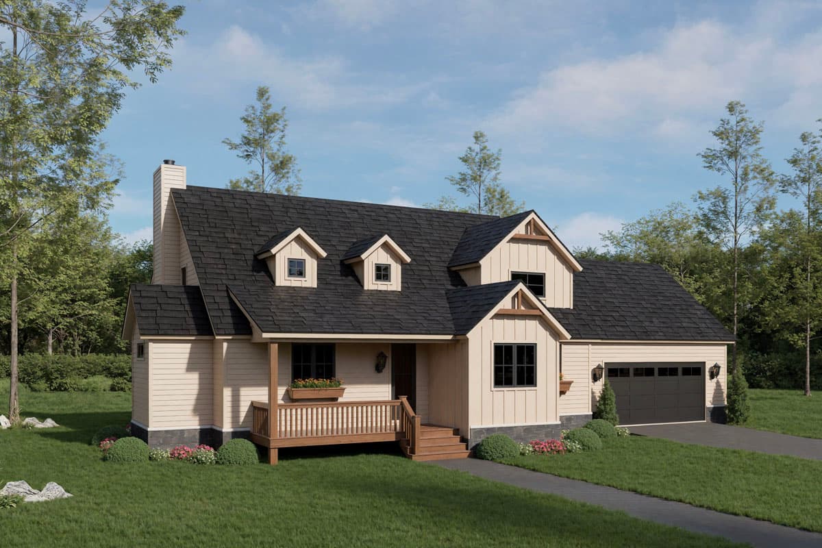 House plan exterior. Two-story Modern Farmhouse with dormers, front porch, and attached garage. Features a steeply pitched roofline and board-and-batten siding.
