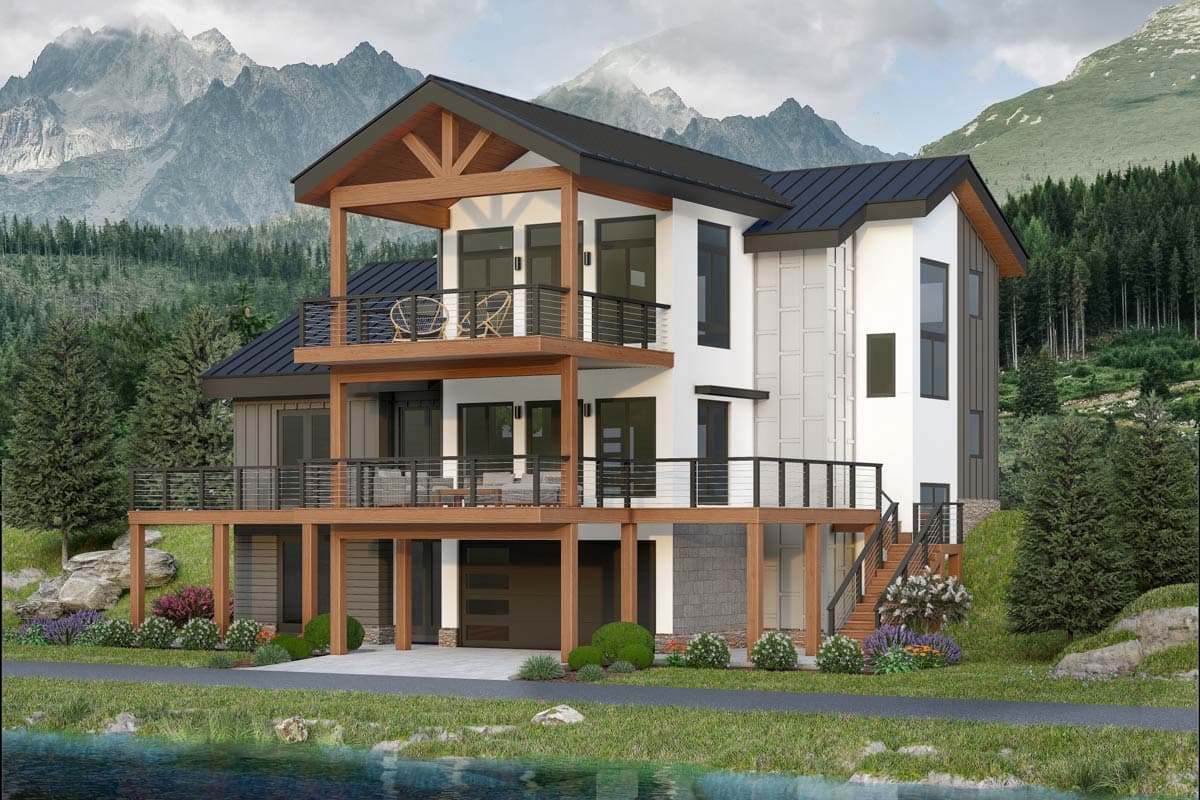 House plan exterior. Modern style with two stories, two balconies, and a gable roof. Includes a garage with an attached deck.