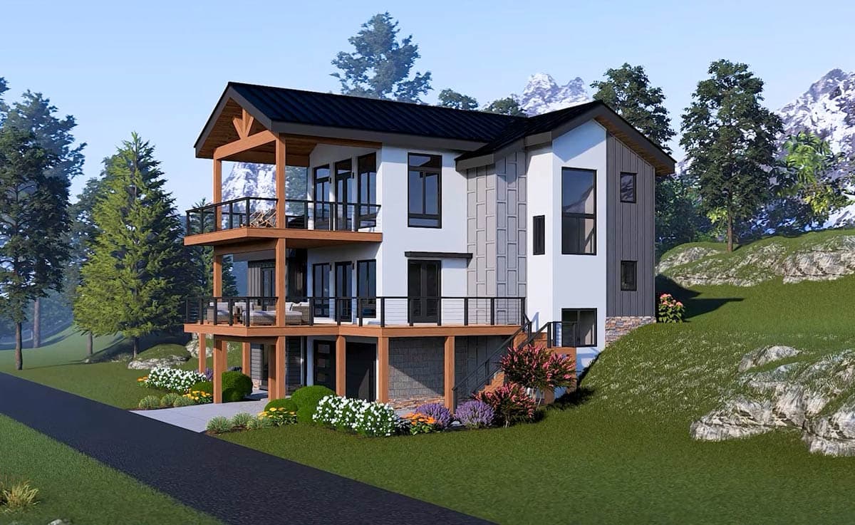 Modern house plan exterior with three levels, multiple balconies, wood accents, and a steep roofline.