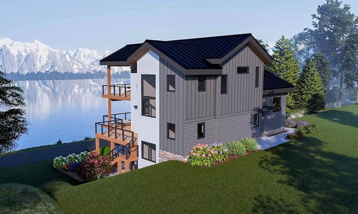 Modern house plan exterior with three stories, multiple balconies overlooking water, and a dark metal roof.