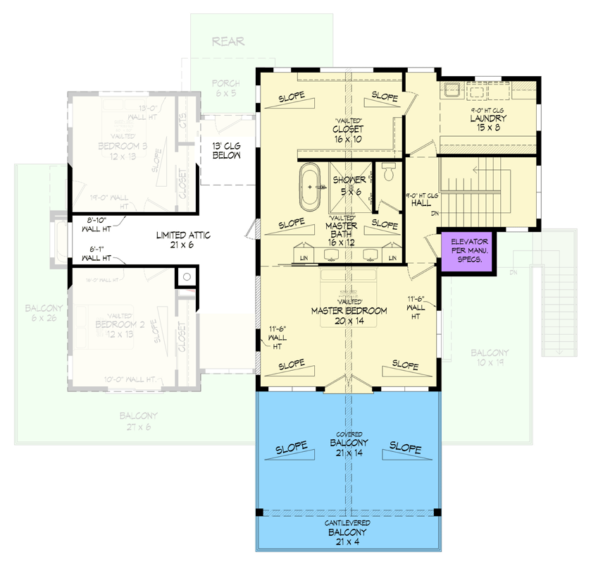 Plan 680636VR: Expansive Mountain House Plan with Elevator, Walkout Basement, and Panoramic Balconies - Floor Plan - 2nd Floor - Mountain