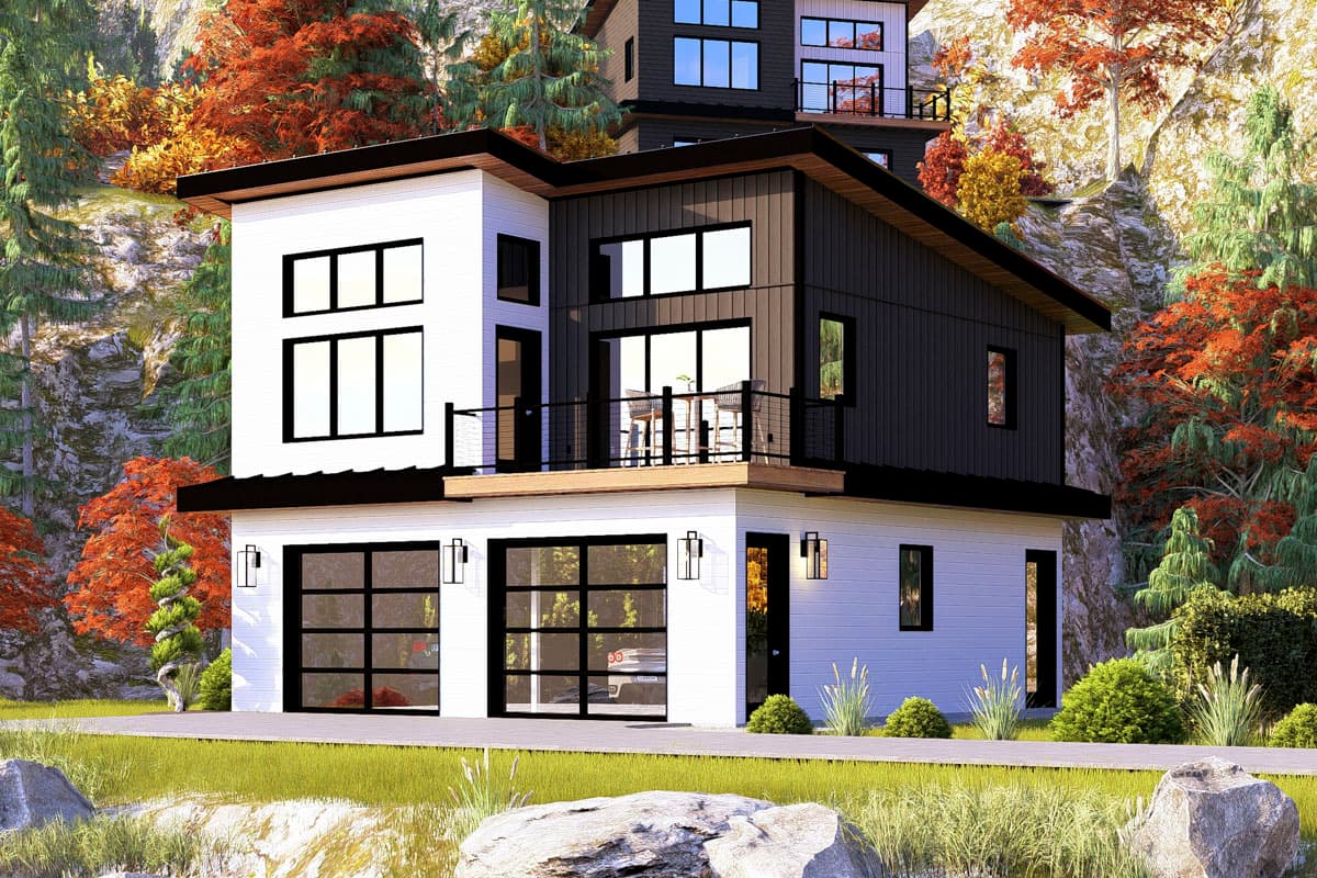 House plan exterior with modern design. Features a two-story structure, flat roof, balcony, and garage doors with black framing.
