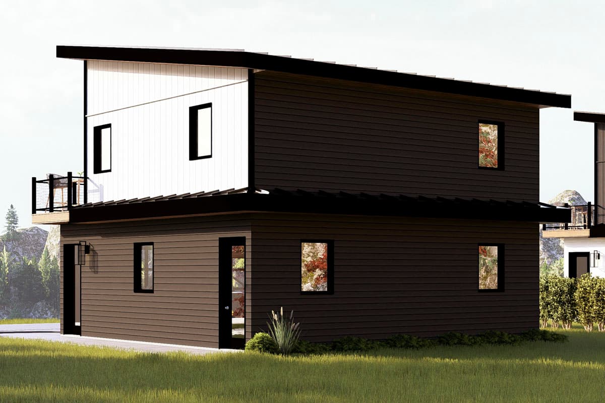 House plan exterior, two stories, modern style, flat roofline, horizontal siding, upper-level balcony, and multiple windows.