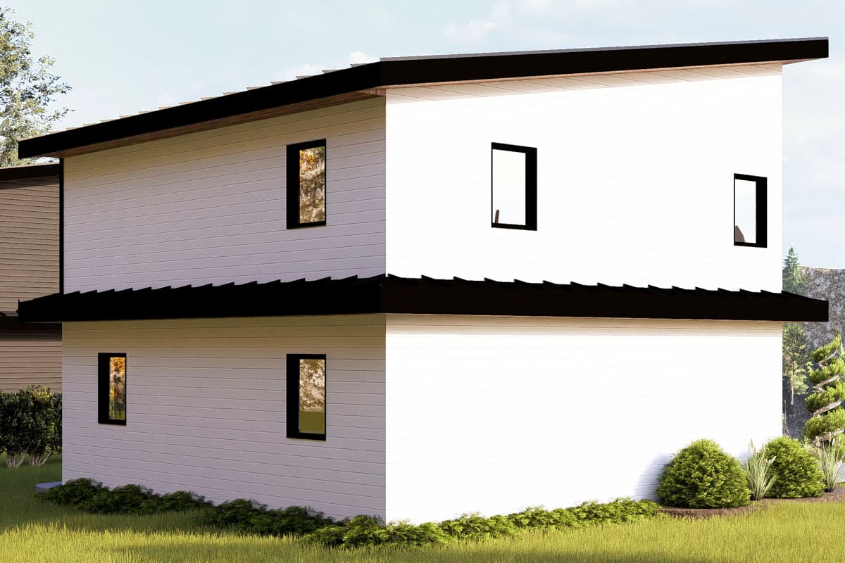 House plan exterior rendering of a two-story modern home with horizontal siding, flat roof, and rectilinear windows.