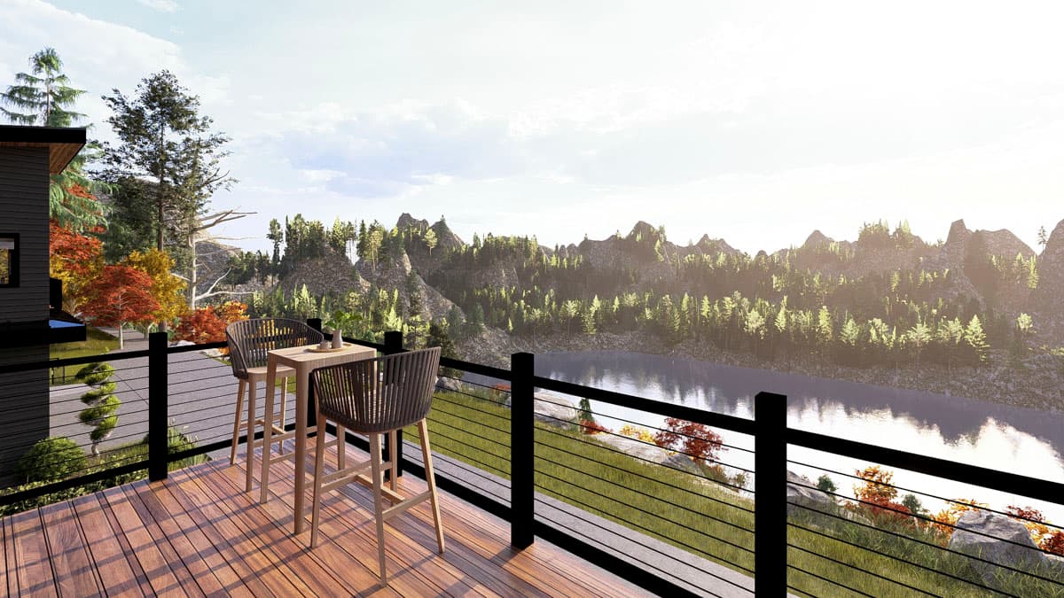 House plan exterior rendering of a modern home with a wood deck, bar stools, and a scenic mountain and lake view.