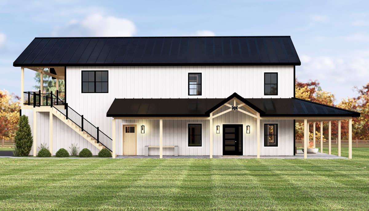 A modern two-story farmhouse with white siding, black roof, and a covered porch. A staircase leads to a balcony on the side.