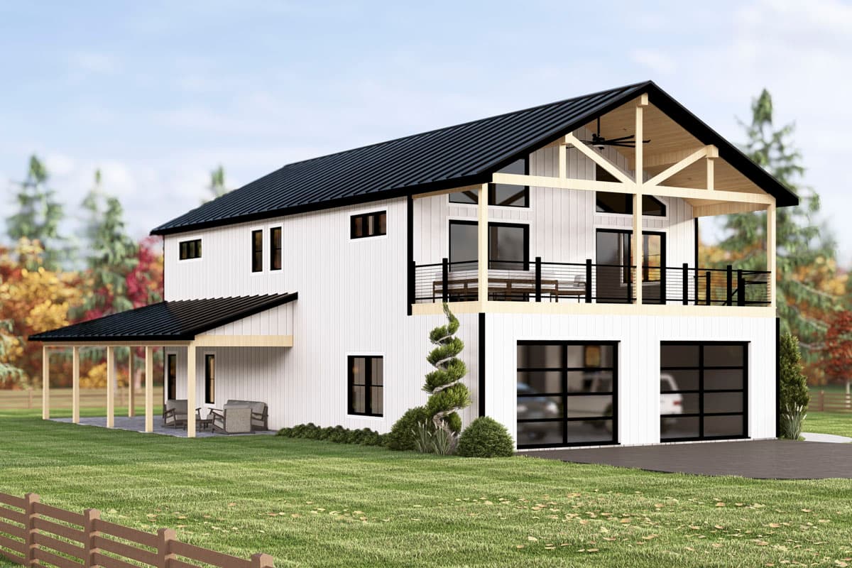 Modern two-story house with white siding, black roof and trim. It features a covered porch, balcony, and garage with glass doors; set on a grassy lawn.