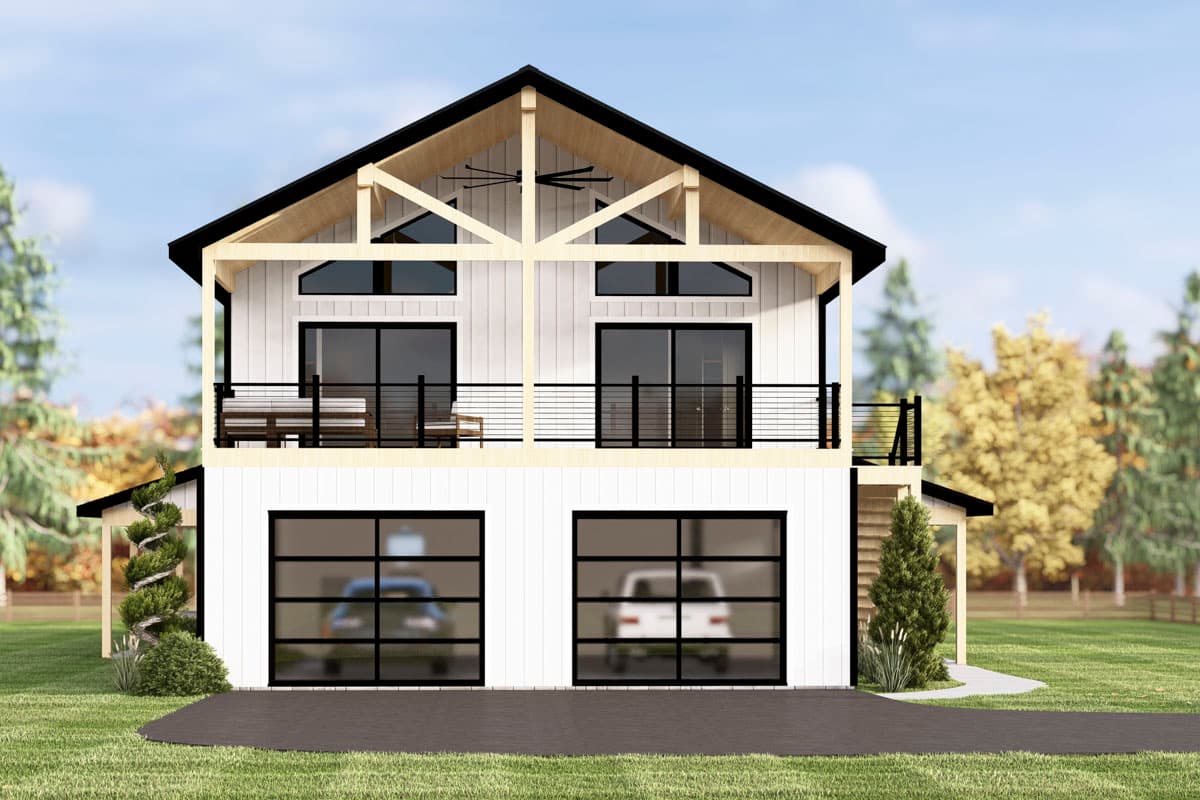Modern two-story house with white siding, black trim, and large windows. Includes a balcony, two-car garage, and a landscaped yard.