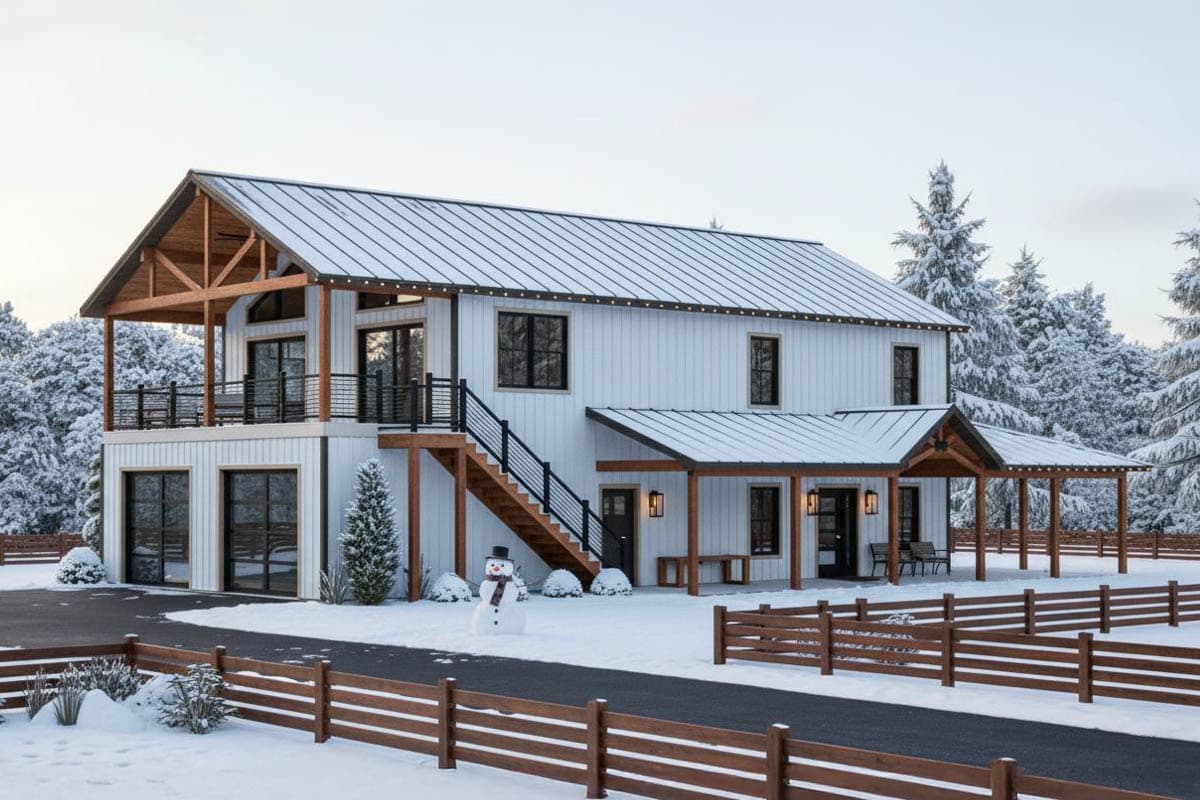 A snowy winter scene depicts a two-story white farmhouse with wooden accents, a porch, and a snowman in the yard, trees in the background.