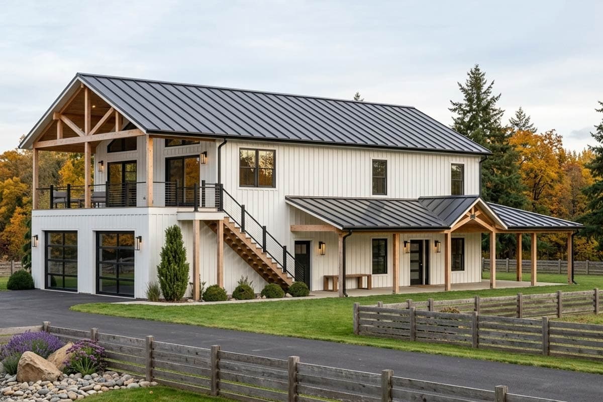 Modern farmhouse with white siding, black roof and trim, and a porch. A wooden fence surrounds the yard with autumn trees in the background.
