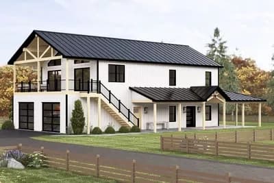 Modern Barndominium House Plan: 4 Beds, Master Down, Wrap-Around Porch