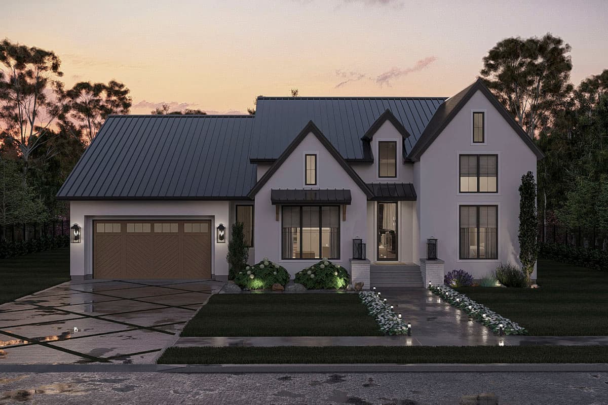 Modern Farmhouse house plan exterior with a metal roof, side-entry garage, large gables, and dormer windows.