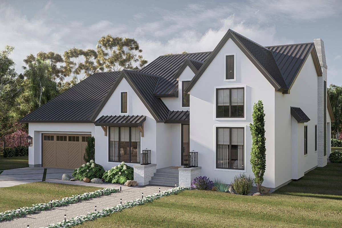 Modern Farmhouse style house plan exterior with gabled rooflines, attached garage, and prominent chimney.