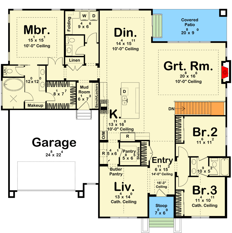 Plan 623581DJ: Transitional New American House Plan with Master on Main and Split Bedrooms - Floor Plan - Main Level - New American, Transitional
