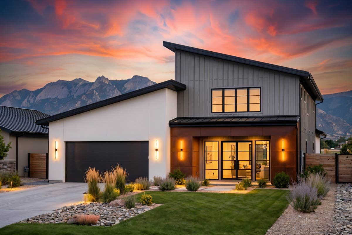House plan exterior. Modern style, two-story home with a flat roof, board-and-batten siding, and an attached garage with a dark gray door.