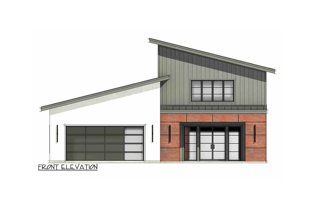 Front elevation of a modern two-story house plan with a pitched roof, garage, brick base, and double glass doors.