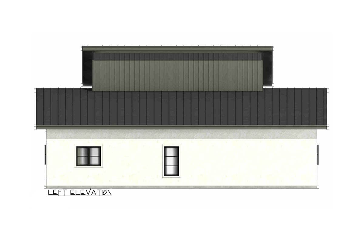 Left elevation house plan drawing showing a white exterior with two windows and a multi-level dark metal roof.