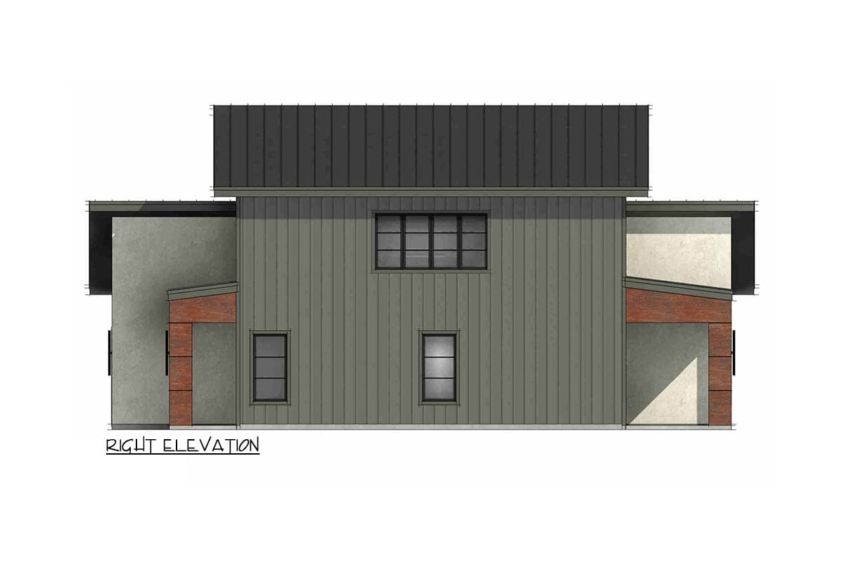 Right elevation house plan shows a two-story structure with vertical siding, a metal roof, and covered entryways with wood accents.