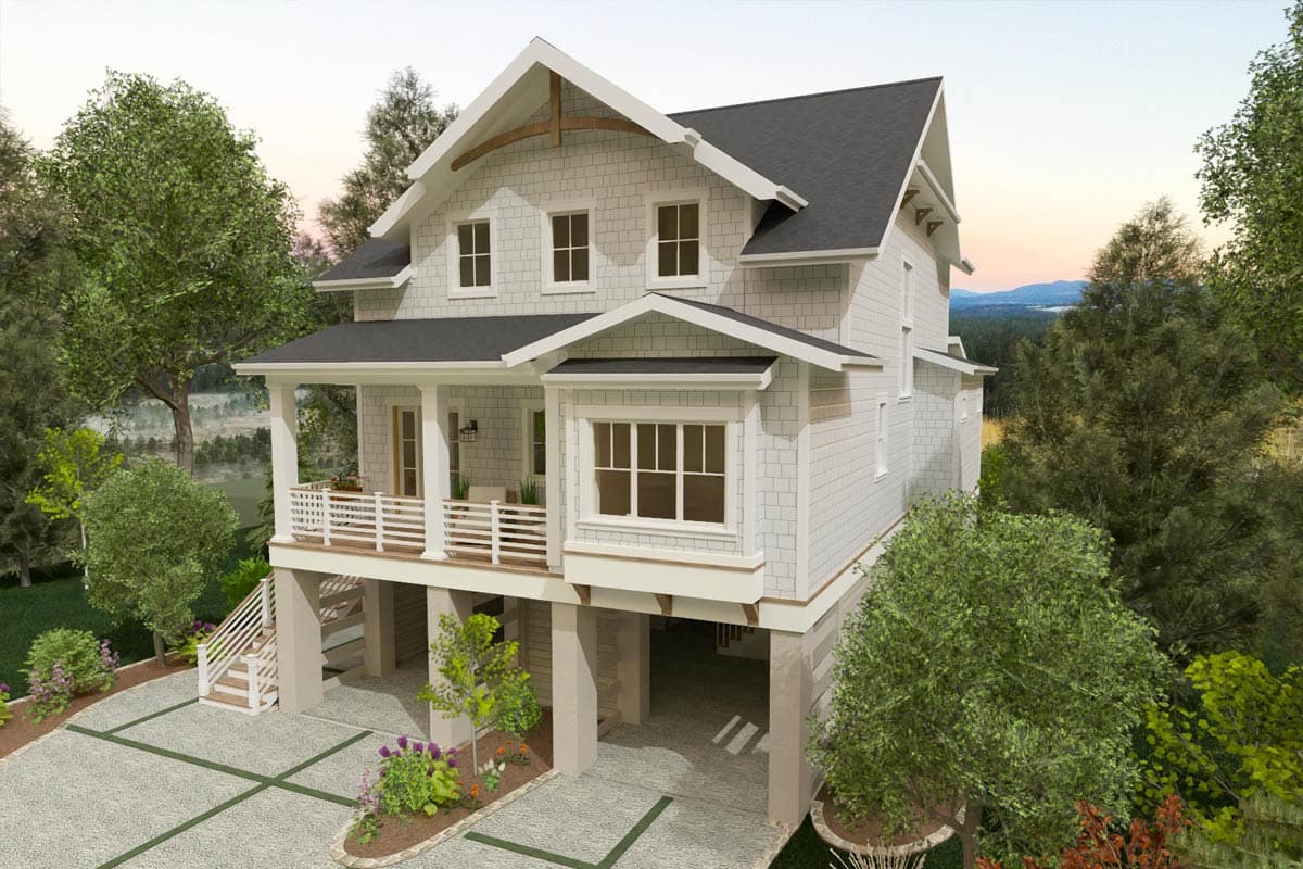 House plan exterior for a two-story home with a covered front porch, gables, and a drive-under garage.