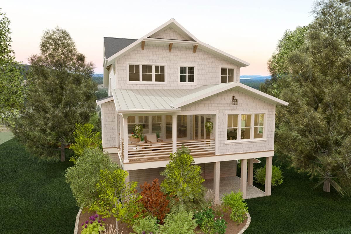 House plan exterior of a two-story Modern Farmhouse with a metal roof, large covered porch, and shingle siding.