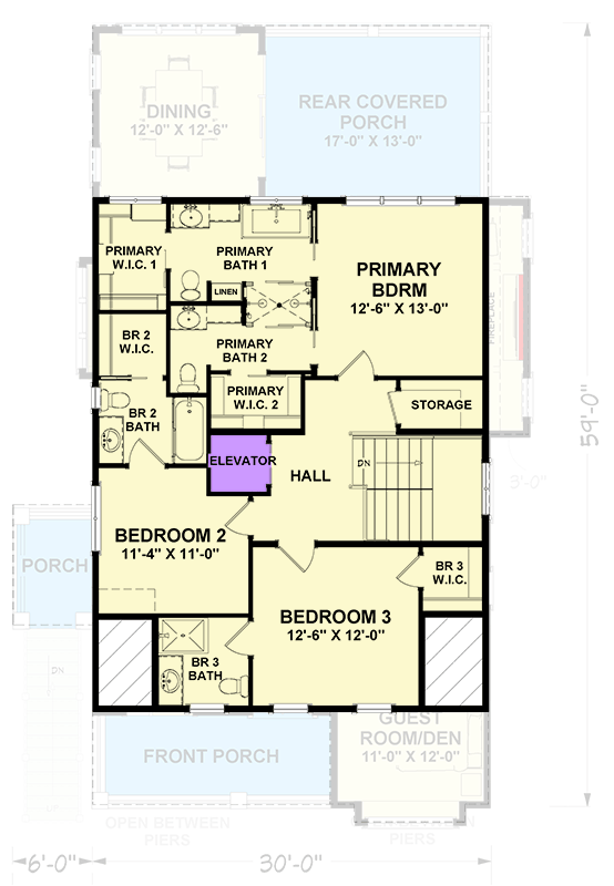 Plan 765062TWN: Elevated Coastal 4-Bedroom House Plan with Elevator and Drive-Under Garage - Floor Plan - 2nd Floor - Coastal, Coastal Contemporary, Florida-Style