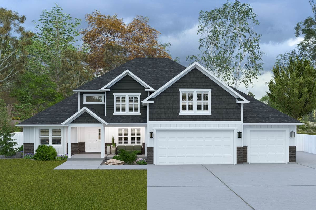 House plan exterior. Two-story Modern Farmhouse with gabled roof, two-car garage, and covered front porch. Features include board and batten siding.