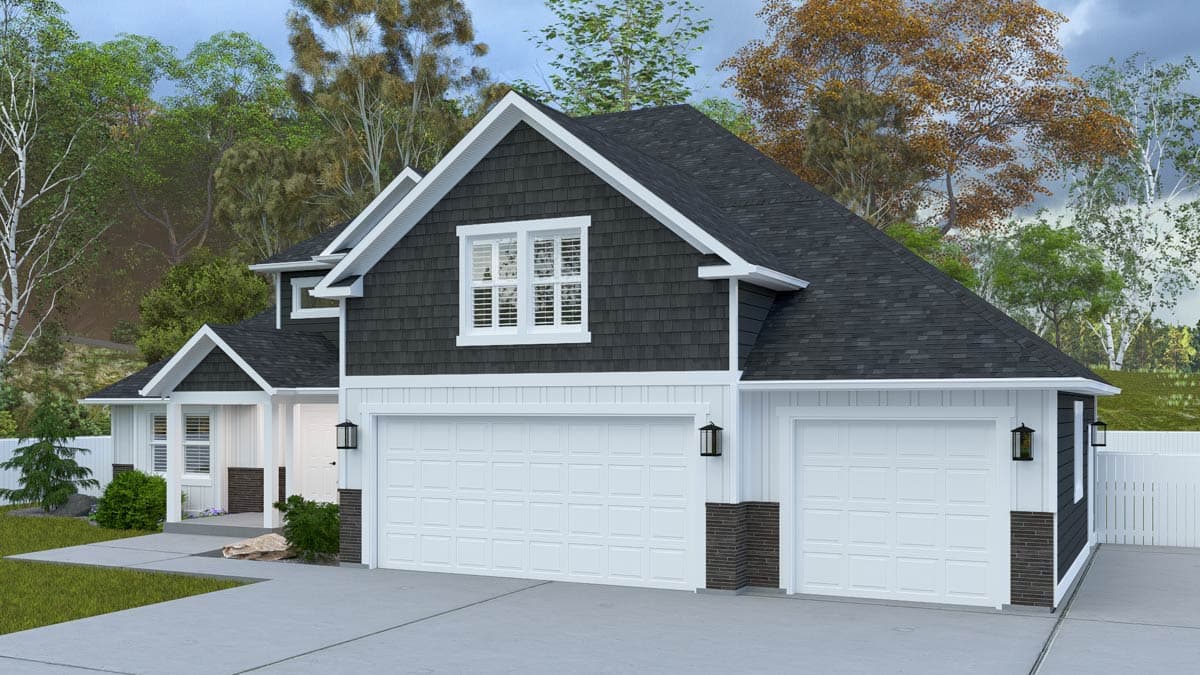 House plan exterior: Two-story Modern Farmhouse with dual garage doors, prominent gables, and shake siding.