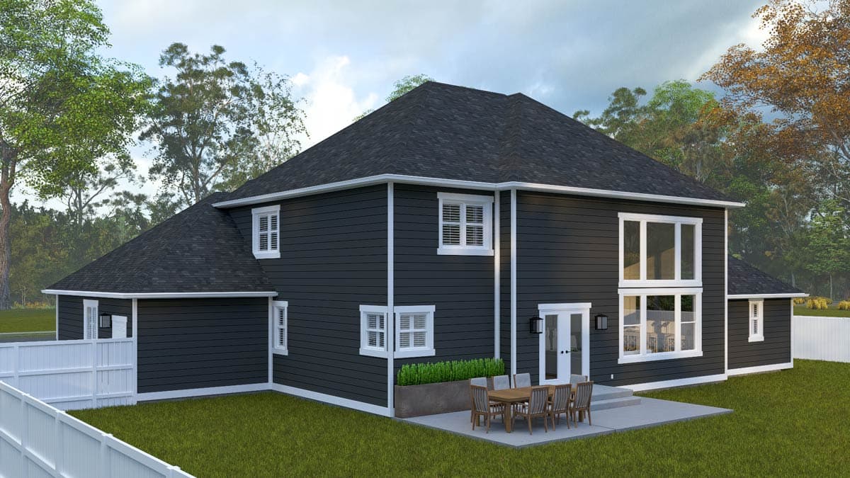 House plan exterior: Two-story modern home with dark siding, white trim, large multi-pane windows, and a patio.