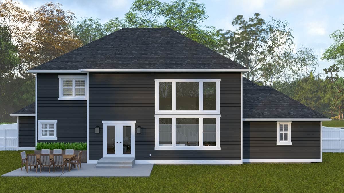 House plan exterior: Two-story dark siding home with a multi-pane window arrangement, French doors, and a patio with dining set.