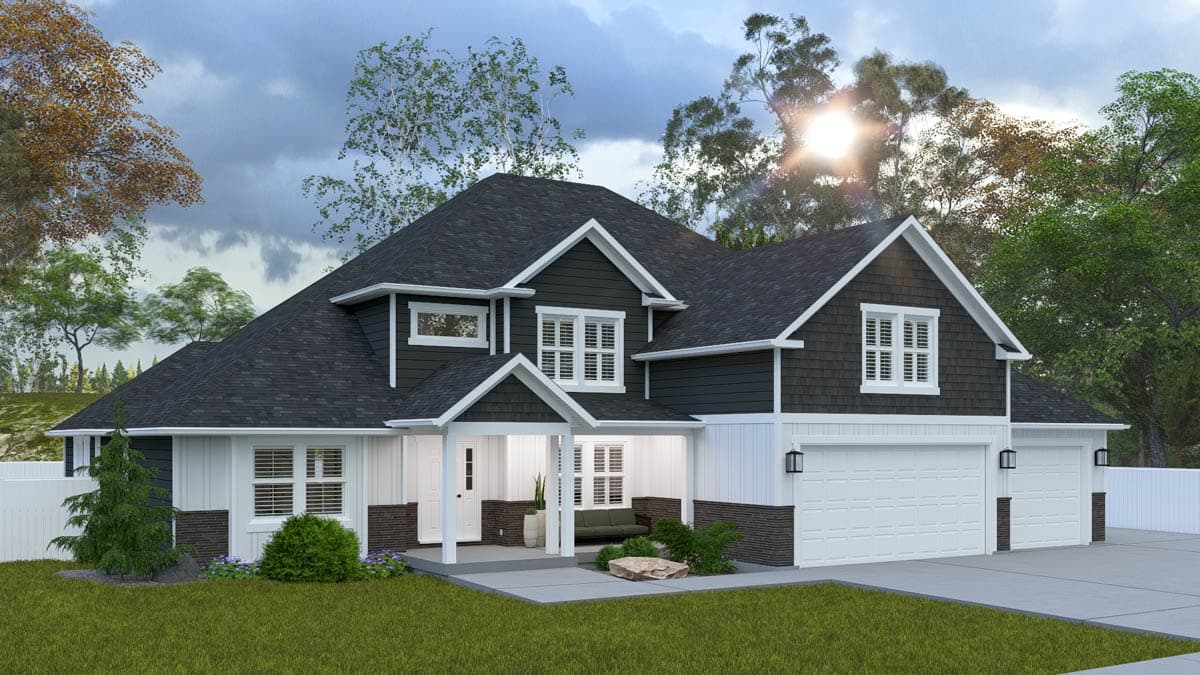 House plan exterior: Two-story Modern Farmhouse with a covered front porch, multiple gables, and a three-car garage.