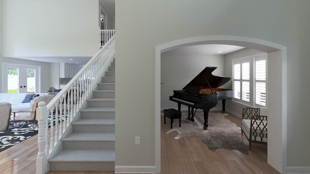 Interior view shows a grand piano in a room with shuttered windows, adjacent to a staircase and living area.