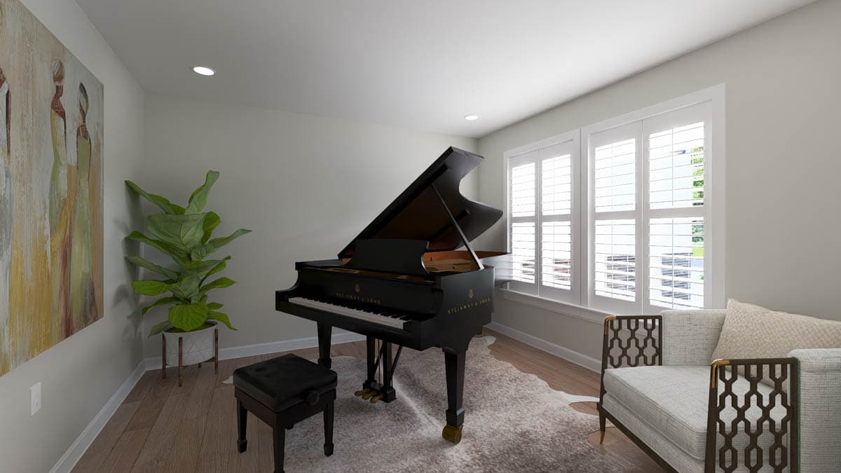 Interior view of a room with a grand piano, sofa, plant, and large windows with plantation shutters.