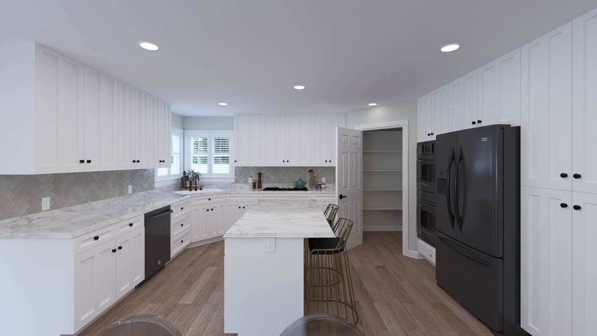 Kitchen featuring white Shaker cabinets, marble countertops, a central island with seating, and black appliances.