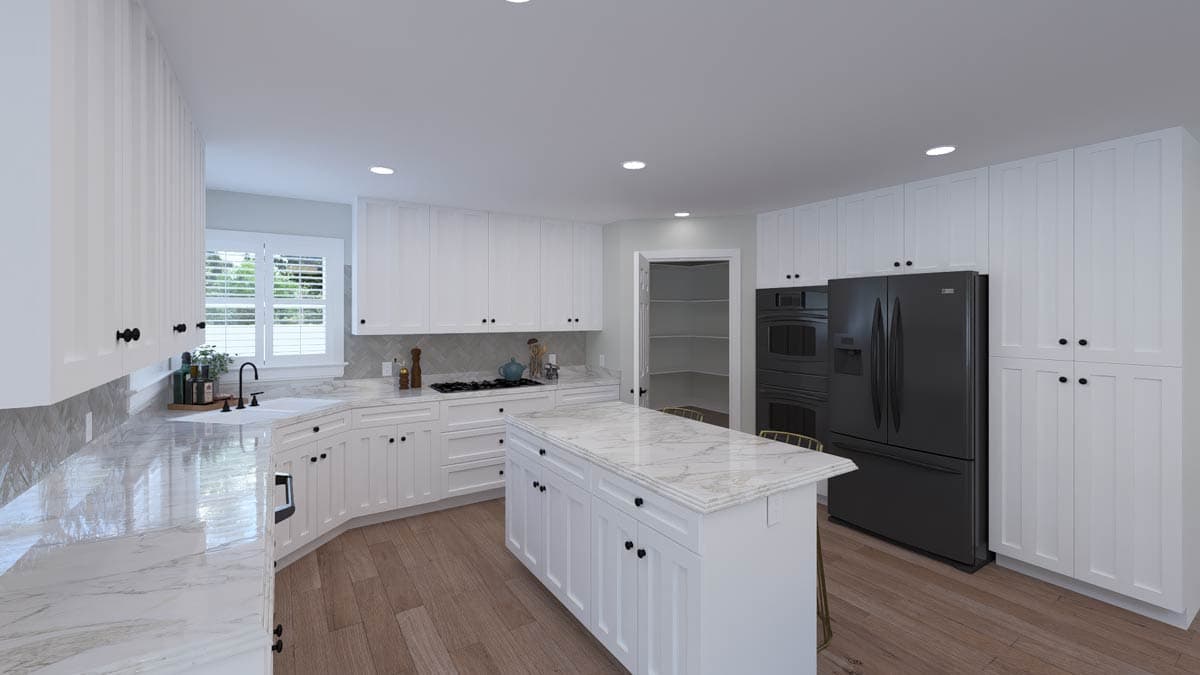 Modern kitchen interior with white cabinetry, marble countertops, large island, gas range, pantry, and black appliances.