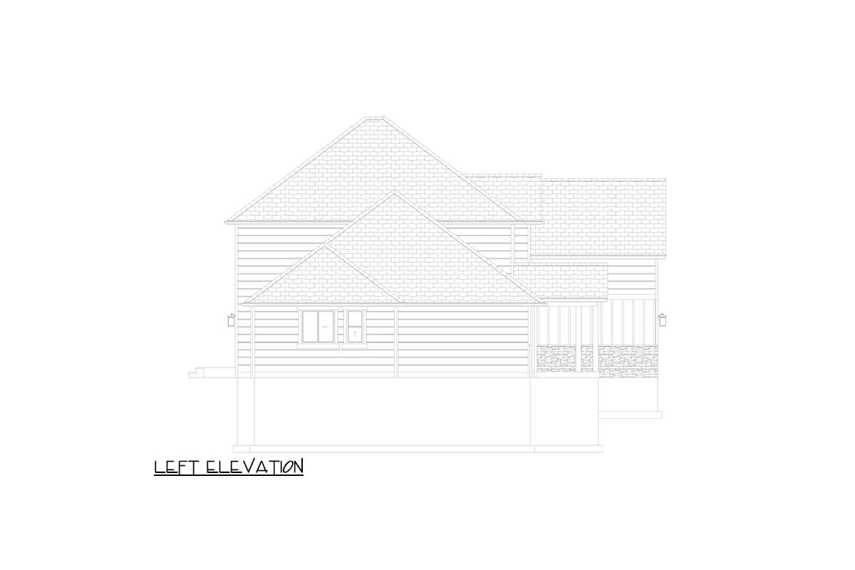 Left elevation house plan with multi-level rooflines, siding, a covered porch with stone detailing, and a single window.