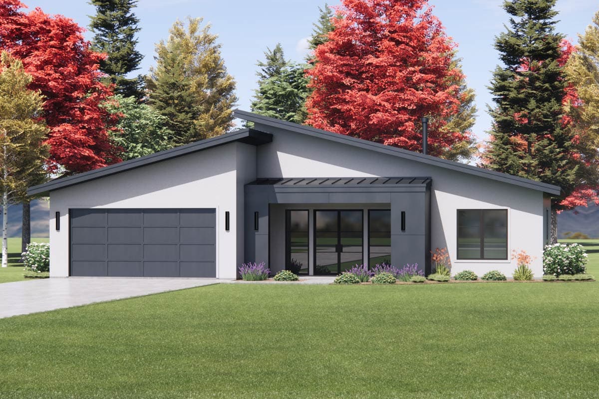 House plan exterior. Modern style with one story, flat roof, and an attached garage. Features include a covered entry and large windows.