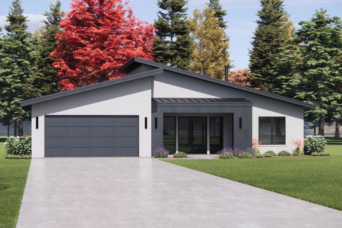 Modern ranch house plan exterior with a single-story design, attached garage, wide windows, and a shed roofline.