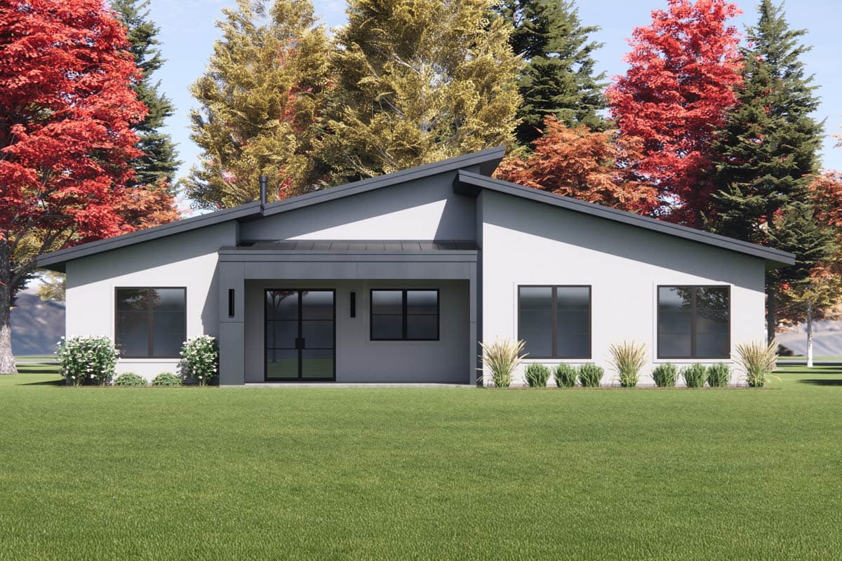 Modern house plan exterior with asymmetric gabled roof, covered entry with double doors, and multiple large windows.