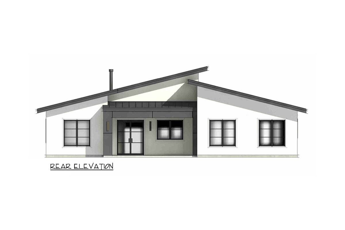 Rear elevation of a single-story house plan featuring a butterfly roofline, double glass doors, and multiple grid windows.