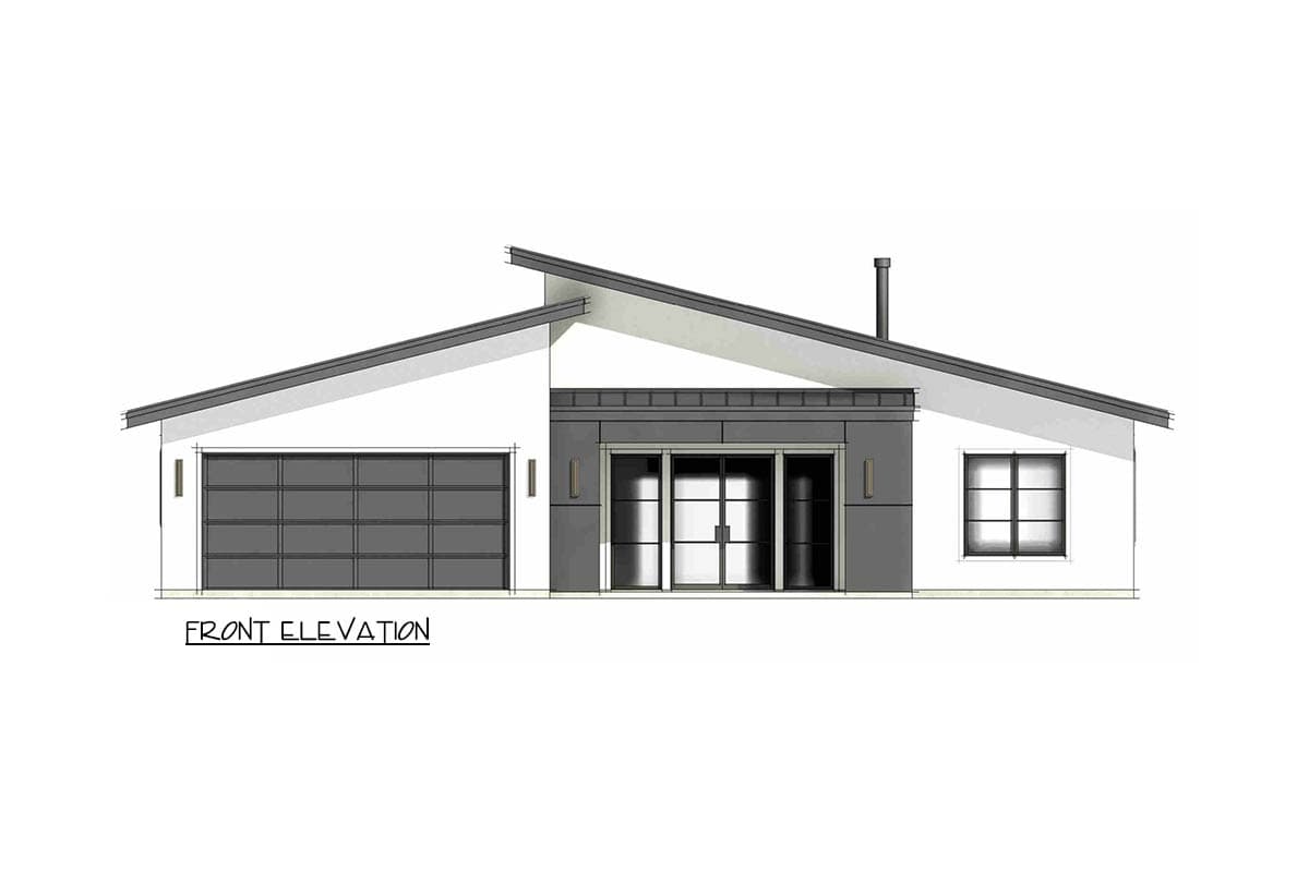 Front elevation of a one-story house plan with a multi-level roof, garage, and glass double doors.