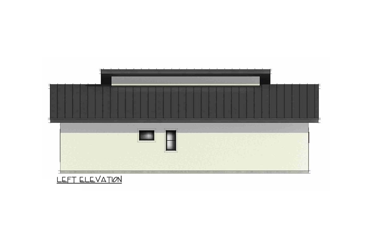 Left elevation house plan drawing showing a flat roof and two small windows on a light-colored wall.