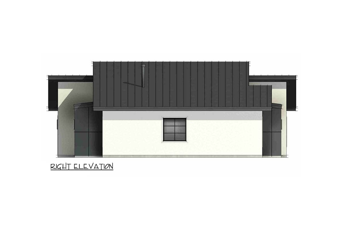 Right elevation of a house plan showing a single window, metal roof, and stucco siding.