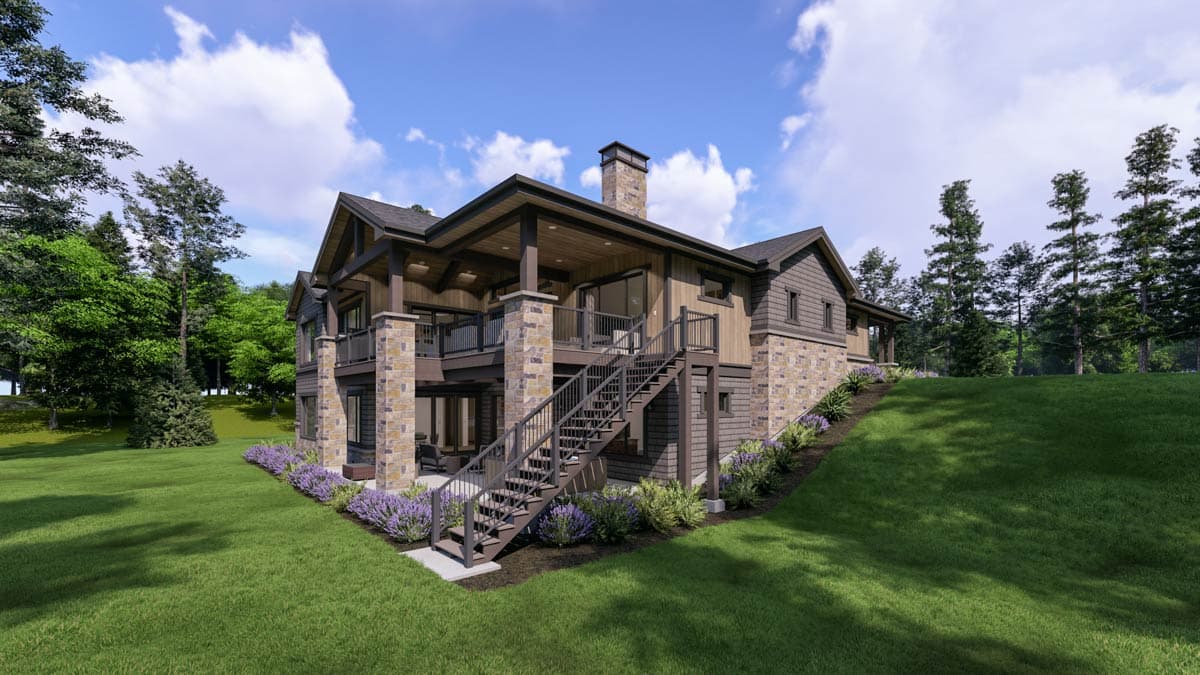 Modern house plan exterior with stone accents, a covered upper deck with stairs, and multi-level gables.