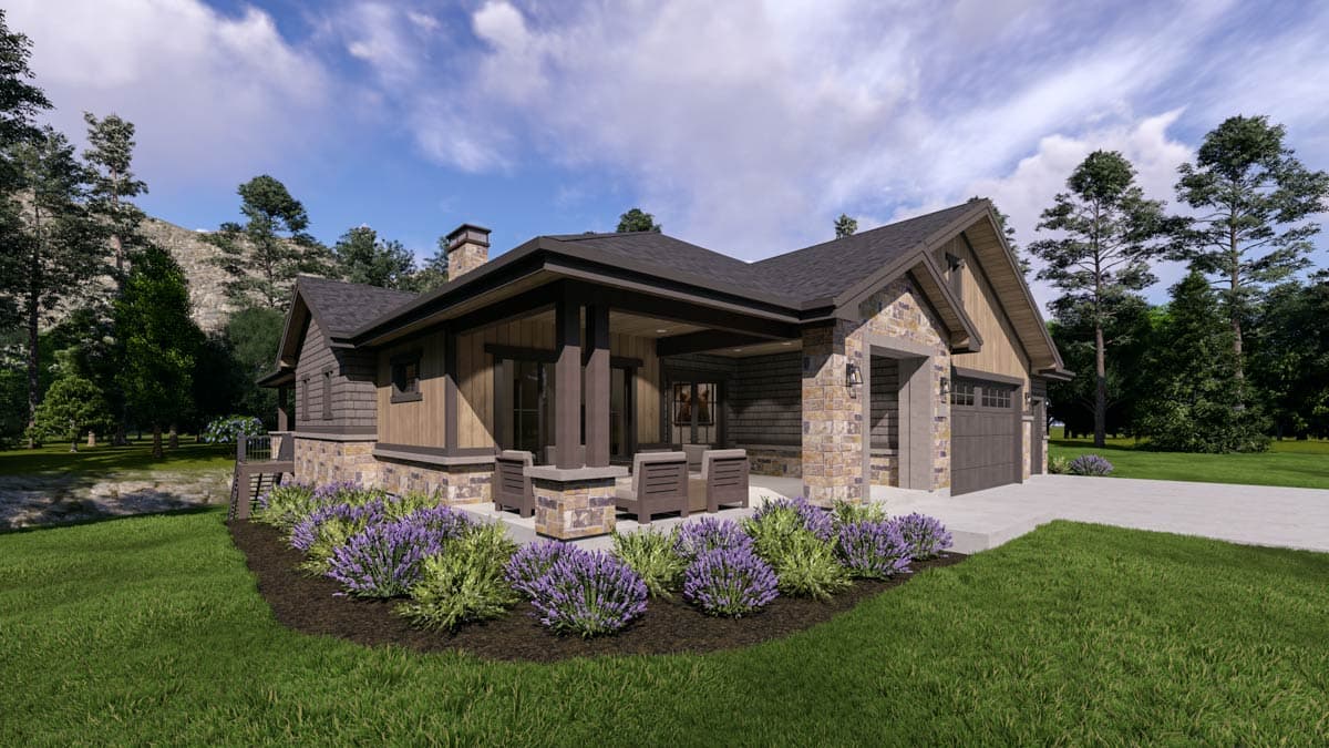 House plan exterior: Single-story Modern Farmhouse with covered porch, stone accents, gable roof, and attached garage.