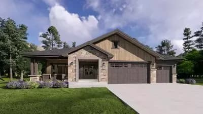 Mountain Transitional House Plan with Walkout Basement, 3-Car Garage