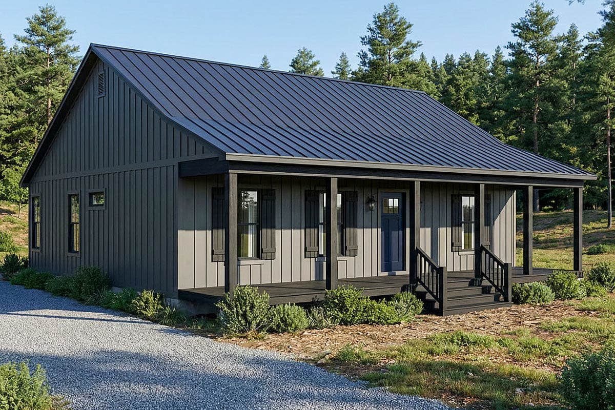 House plan exterior with a single story, board and batten siding, front porch with pillars, and gabled roof with a dark metal roof.