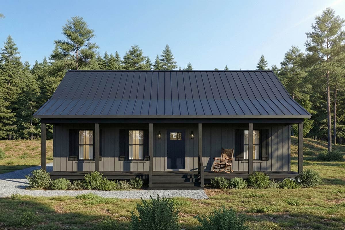 House plan exterior: Single-story cottage with a dark metal standing seam roof, covered front porch with four columns, and double-hung windows.